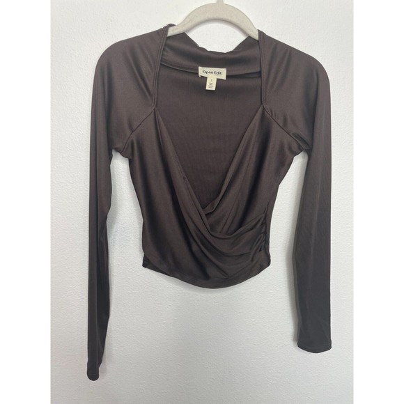 Open Edit Small Surplice Neck Ribbed Faux Wrap Crop Top Brown Long Sleeve - Picture 3 of 9